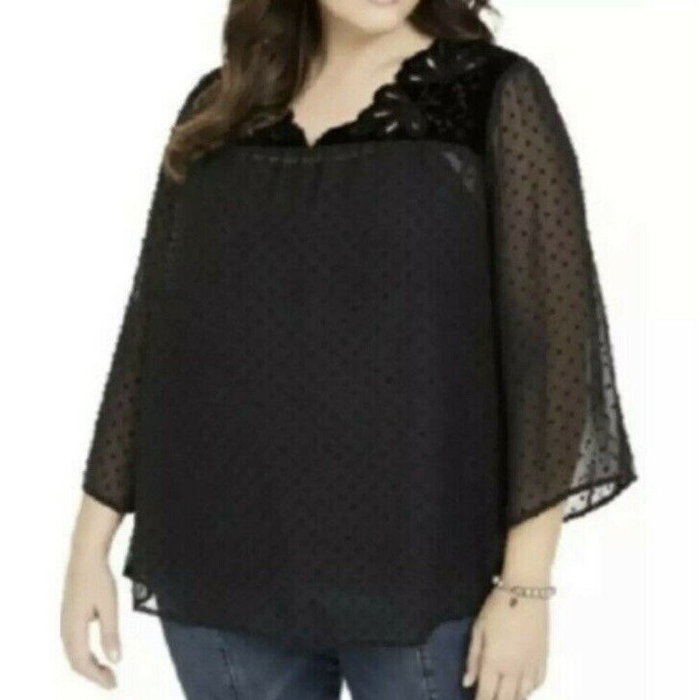 New Style & Co Womans Sz 2X Blouse Lace Sleeve Eyelet Black Sheer NWT